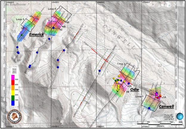 Map of CSAMT and TEM grid lines with TEM diffusion current, interpreted TEM anomalies, CSAMT low-resistivity areas and 2023 surface sample locations and results.